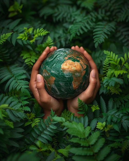 Foto las manos de la protección del día de la tierra acunando un globo detallado en medio de un verde bosque de helechos
