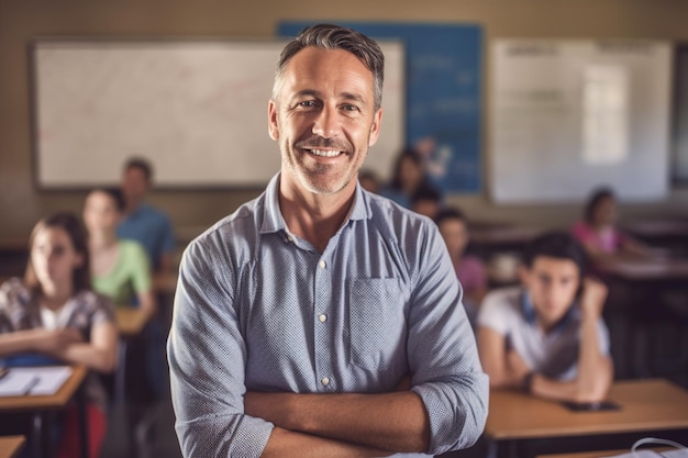 Foto un maestro se para frente a un salón de clases lleno de estudiantes.