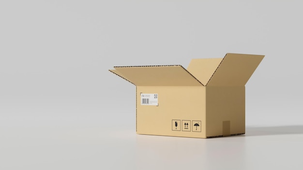 Foto maqueta de caja de paquetería abierta y espacio de copia sobre fondo blanco. caja de cartón, caja de cartón marrón. representación 3d, ilustración 3d