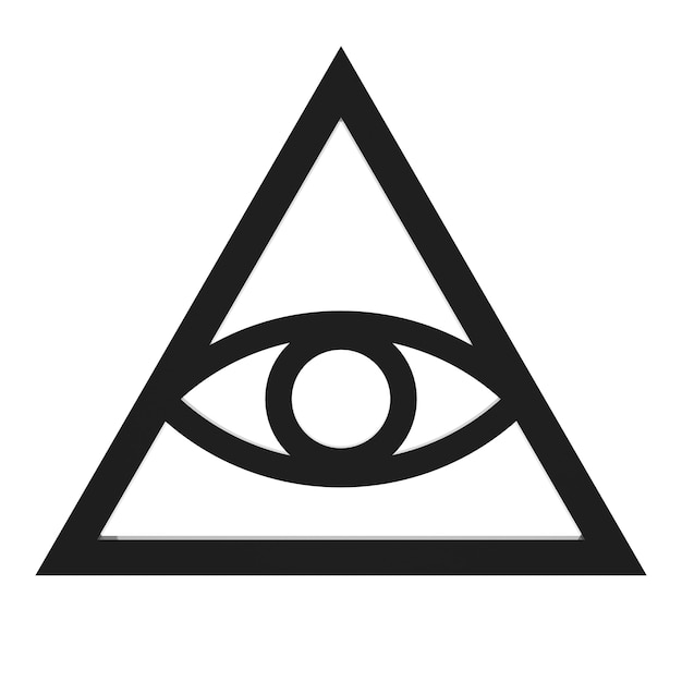 Foto masón y espiritual pirámide del ojo que todo lo ve símbolo illuminaty sobre un fondo blanco. representación 3d