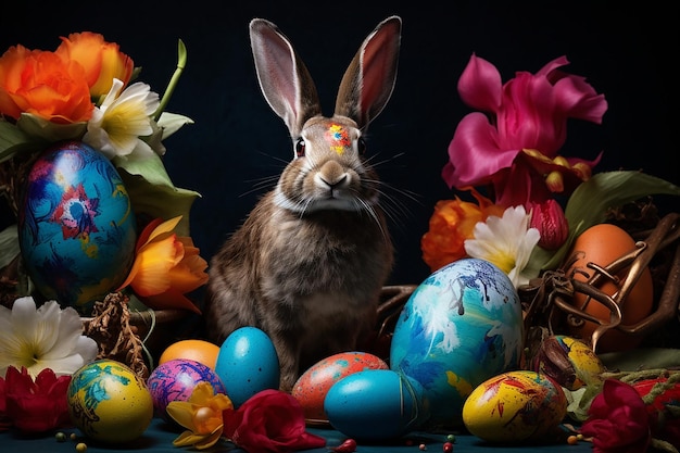 Foto mit einem kaninchen und dekorierten eiern in leuchtenden farben