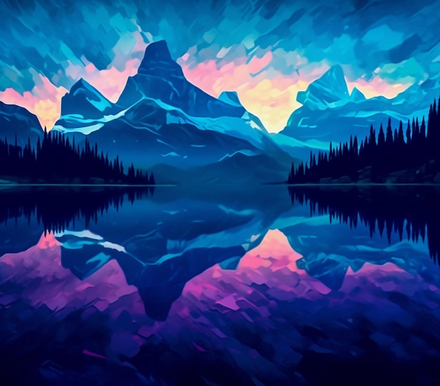 Foto montañas reflejadas en un lago al atardecer con un fondo de cielo generativo ai