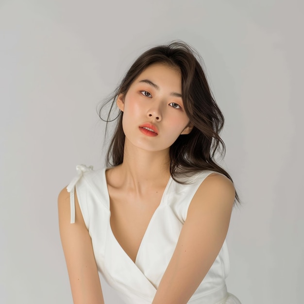 Foto una modelo coreana con un vestido blanco en la iluminación del estudio contra un fondo blanco v 6 job id 16e4272a0dd8479cb5ef114186987e1d