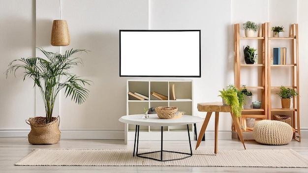 Moderner Fernseher mit weißem Leerbildschirm für Mockup im Innenraum