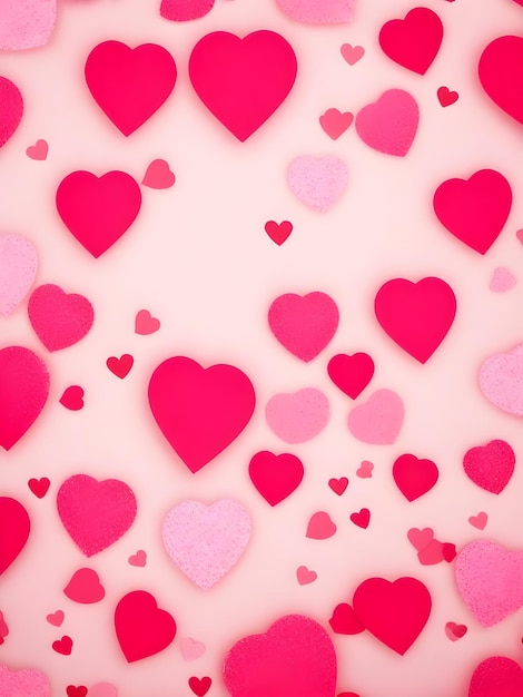 Foto muchos corazones rosados están alineados sobre un fondo blanco