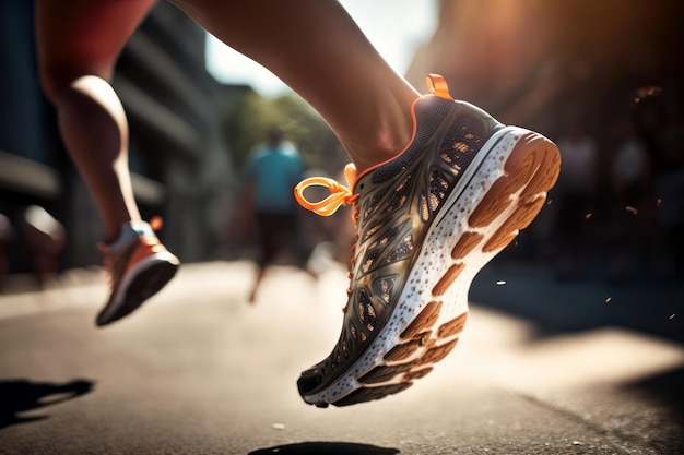Foto se muestra una persona que usa un zapato para correr desde la parte inferior.