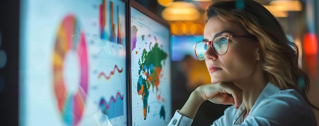 Foto una mujer de negocios mirando reflexivamente un informe de análisis de mercado global resaltado con regiones codificadas por colores