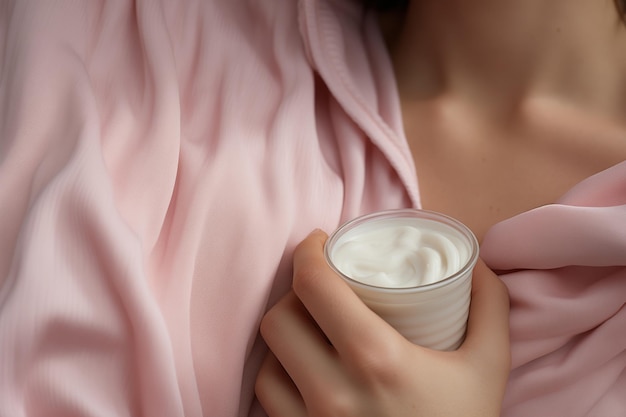 Foto una mujer sostiene un frasco de crema para el cuidado de la piel en su mano mostrando la industria de la belleza y los cosméticos