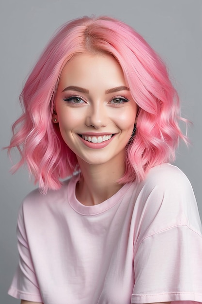 Foto mulher caucasiana com cabelo rosa posando com um sorriso bonito