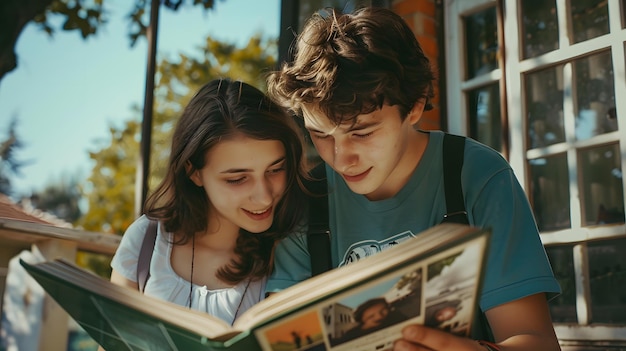 Foto una niña y un niño están mirando un libro que dice 