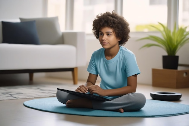 Niña sentada en una alfombra de yoga en la sala de estar IA generativa