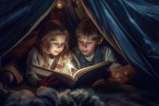 Foto los niños leen un libro de cuentos de hadas antes de irse a la cama en una acogedora carpa casera en casa