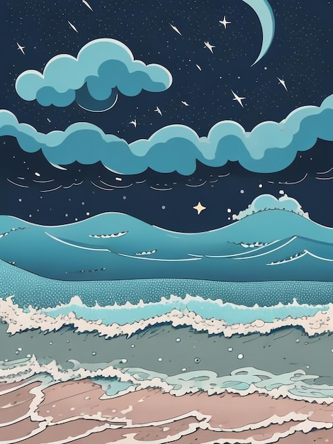 Foto las olas del mar rodando sobre la playa de arena bajo el cielo estrellado