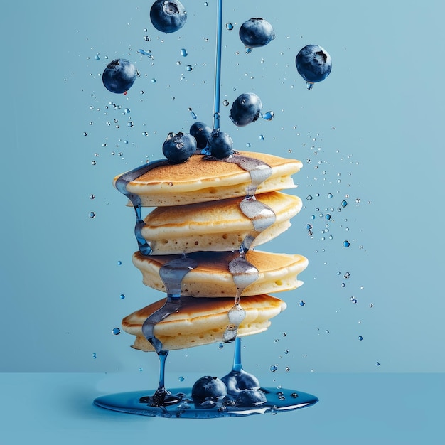 Foto panqueques con arándanos cayendo en salpicaduras de agua sobre un fondo azul