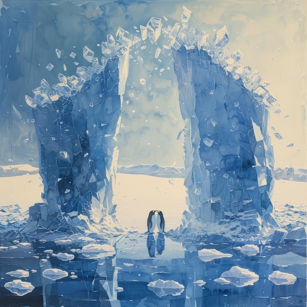 Foto paisagem de inverno com casa de gelo de lago congelado e homem pintura digital