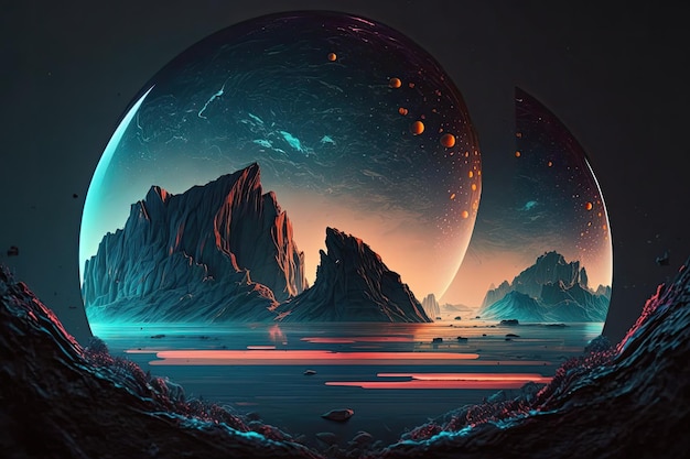 Foto paisagem montanhosa futurista com vários planetas no céu generative ai