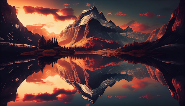 Foto un paisaje de montaña al atardecer con un reflejo de los rayos del sol en un cuerpo de agua cercano que agrega una perspectiva deslumbrante y única ilustración generativa de ia