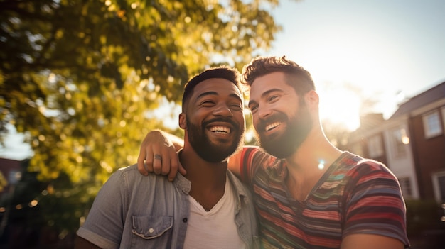 Foto pareja homosexual felizmente abrazada y sonriendo al aire libre