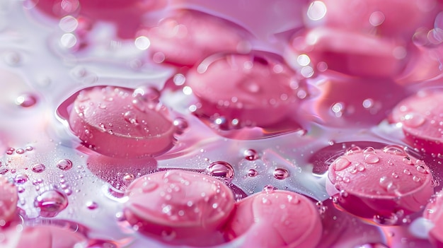 Pastillas rosadas en agua con gotas de agua
