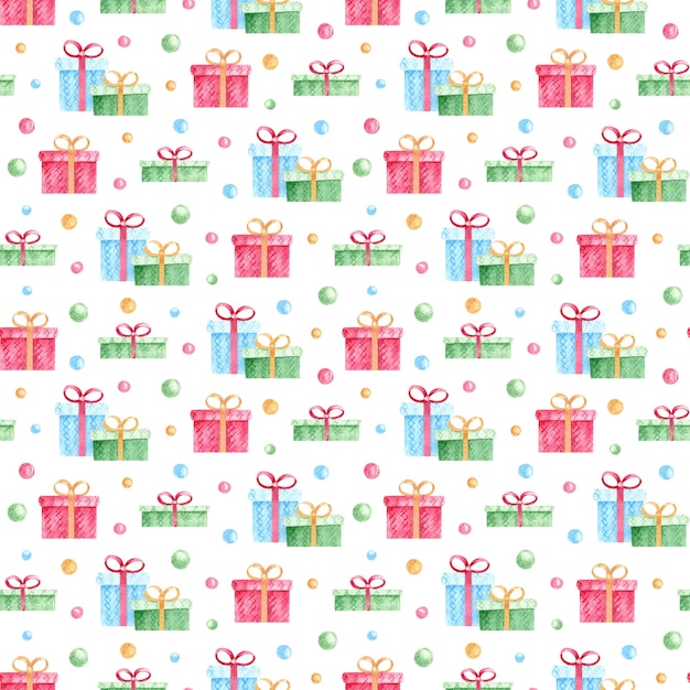 Foto patrón sin fisuras con regalos de colores acuarela y confeti sobre fondo blanco.