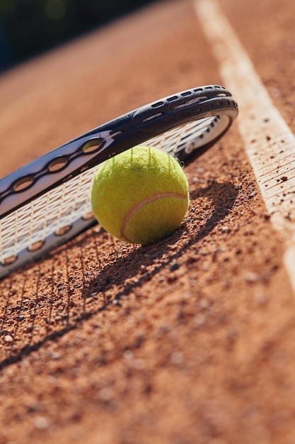 Foto pelotas de tenis y raqueta en tierra batida