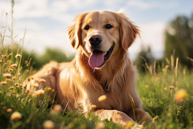 Perro perdiguero amarillo sentado en la hierba, amigo juguetón y leal al aire libre generado