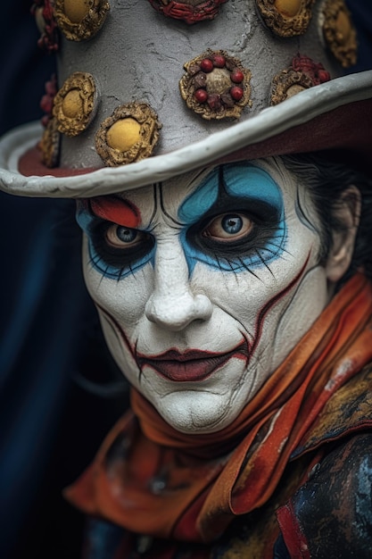 Una persona con maquillaje de payaso y un sombrero Esta imagen se puede usar para eventos temáticos o fiestas de Halloween
