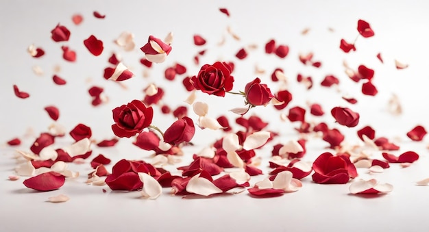 Foto pétalos de rosas rojas esparcidos por el suelo con fondo blanco aislado
