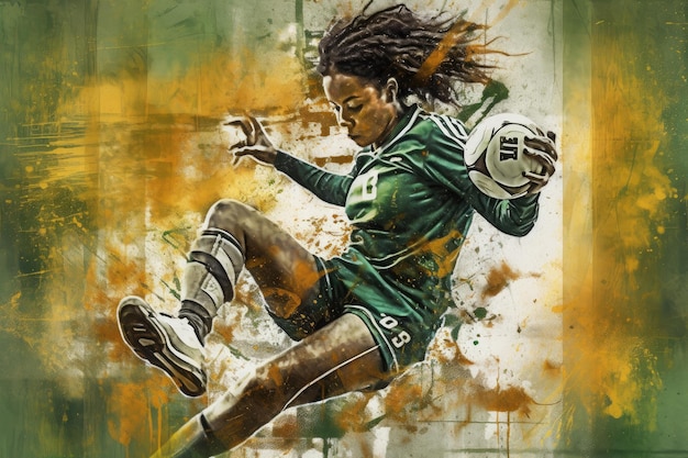 Una pintura de una mujer pateando una pelota de fútbol.