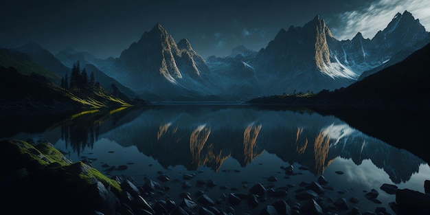 Foto una pintura de montañas y un lago con un cielo azul y la luna encima.