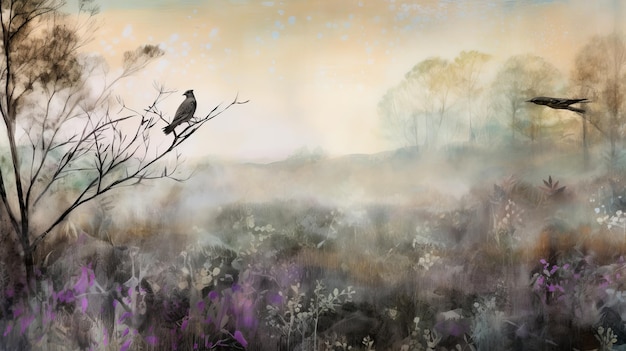 Foto pintura digital de un pájaro sentado en una rama en un prado