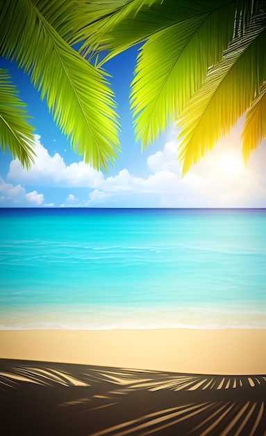 Foto playa tropical con un cielo azul y palmeras