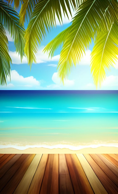 Foto una playa tropical con un piso de madera y un muelle de madera con un cielo azul y nubes.