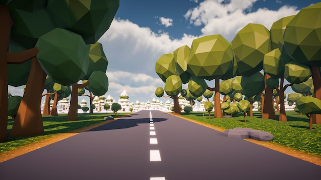 Foto plano de fundo de uma estrada sem veículos e pessoas com um ambiente natural em renderização 3d de baixo poli