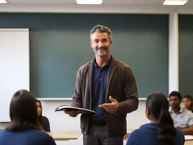 Foto profesor masculino haciendo una presentación a estudiantes universitarios