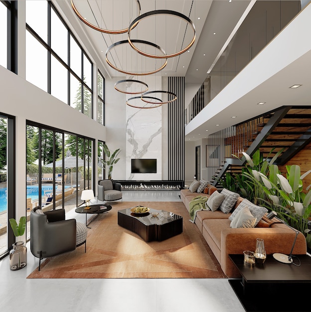 Foto projeto de casa moderna com móveis, renderização 3d