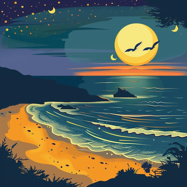 Foto la puesta de sol en el mar nocturno en la costa ilustración vectorial