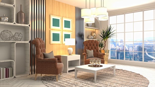 Foto renderização 3d de uma sala de estar moderna
