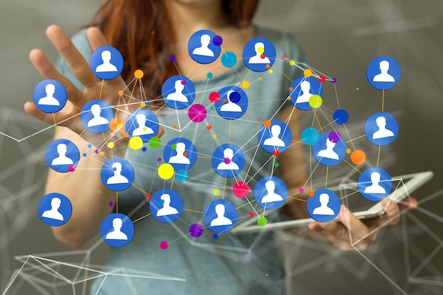 Foto renderización 3d de un grupo de tecnología abstracta y conexión de red social en un fondo borroso