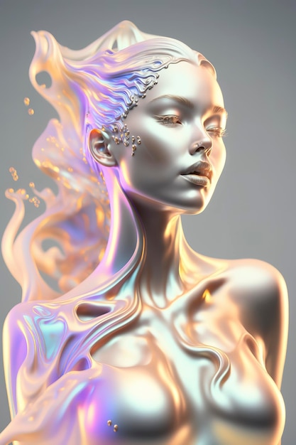 Foto renderizar pastel holográfico pingando porcelana líquida mulher anatomia perfeita difração de luz
