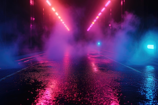 Foto reflexión callejera oscura sobre pavimento mojado con luces de neón y fondo abstracto