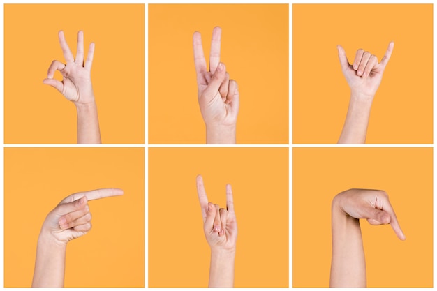 Foto reihe der menschlichen hand taube gebärdensprache über gelbem hintergrund gestikulierend