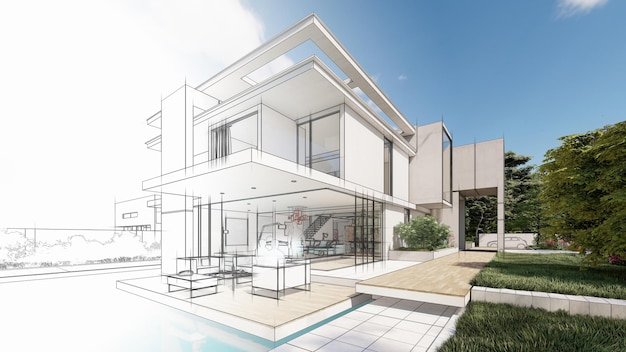 Foto representación 3d de una villa moderna de lujo con piscina y jardín
