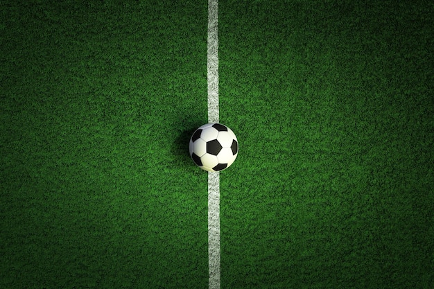Foto representación 3d de un balón de fútbol en el estadio de hierba