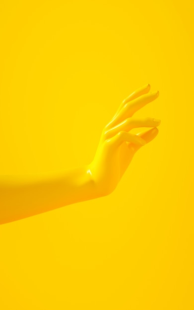 Foto representación vertical 3d de la mano amarilla sobre fondo amarillo