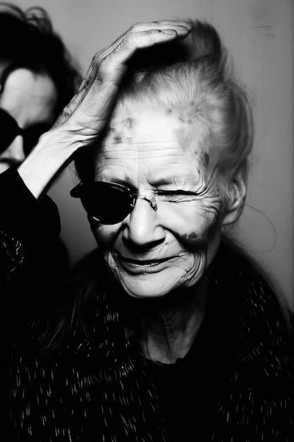 Foto retrato de una anciana con gafas de sol foto en blanco y negro