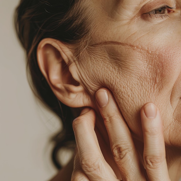 Foto retrato de cerca de una mujer con arrugas en la piel concepto de cuidado de la piel