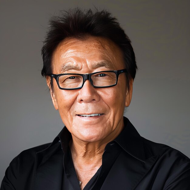 Foto retrato de um homem asiático idoso vestindo camisa preta e óculos