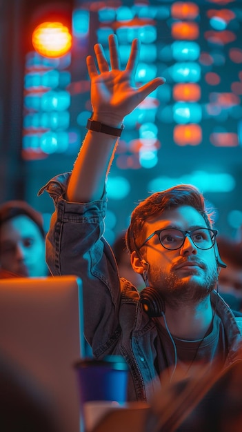 Foto retrato de um jovem com óculos e fones de ouvido sentado em um computador e levantando a mão