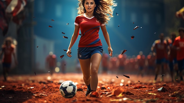 Foto rompedor fútbol femenino habilidoso jugando con las piernas en trajes rojos